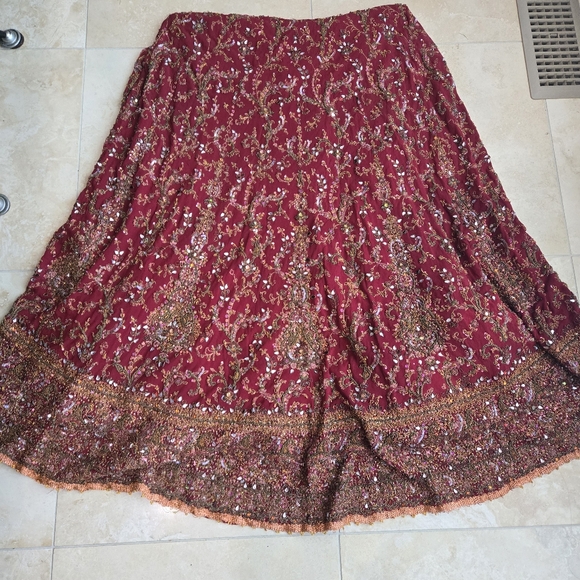 Red and gold maxi hand embroidered  skirt with tons of stone work details - Picture 1 of 6